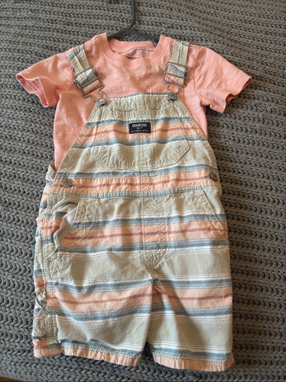OshKosh B'gosh Peach and Blue Striped Short Overalls with peach Tshirt